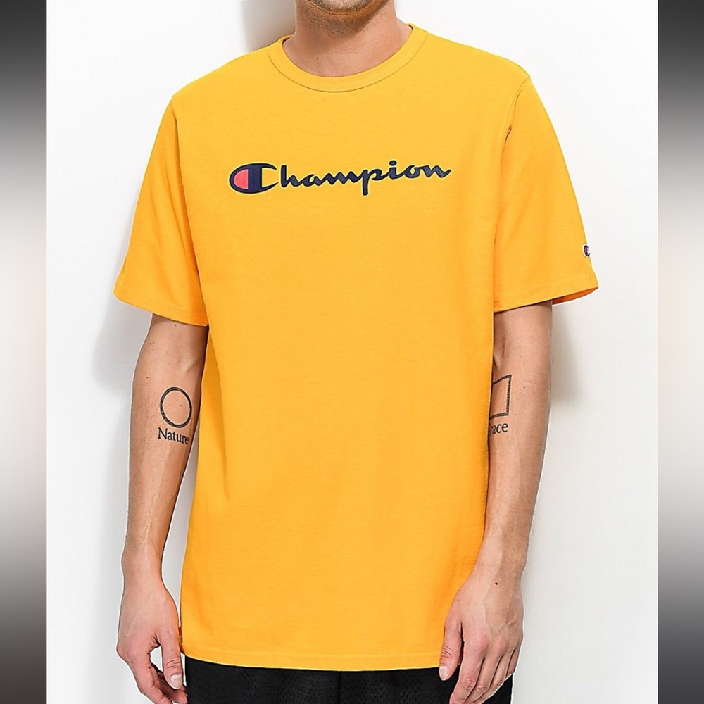 Champion Tee T Shirt Mens Small‎ Yellow Knit Short Sleeve Crew Neck 100% Cotton